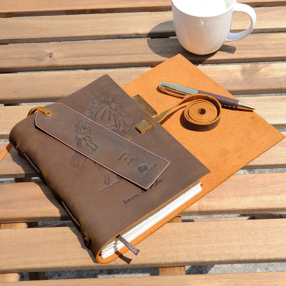 Horse Leather Embossed Journal and Bookmark on Desk with Pen