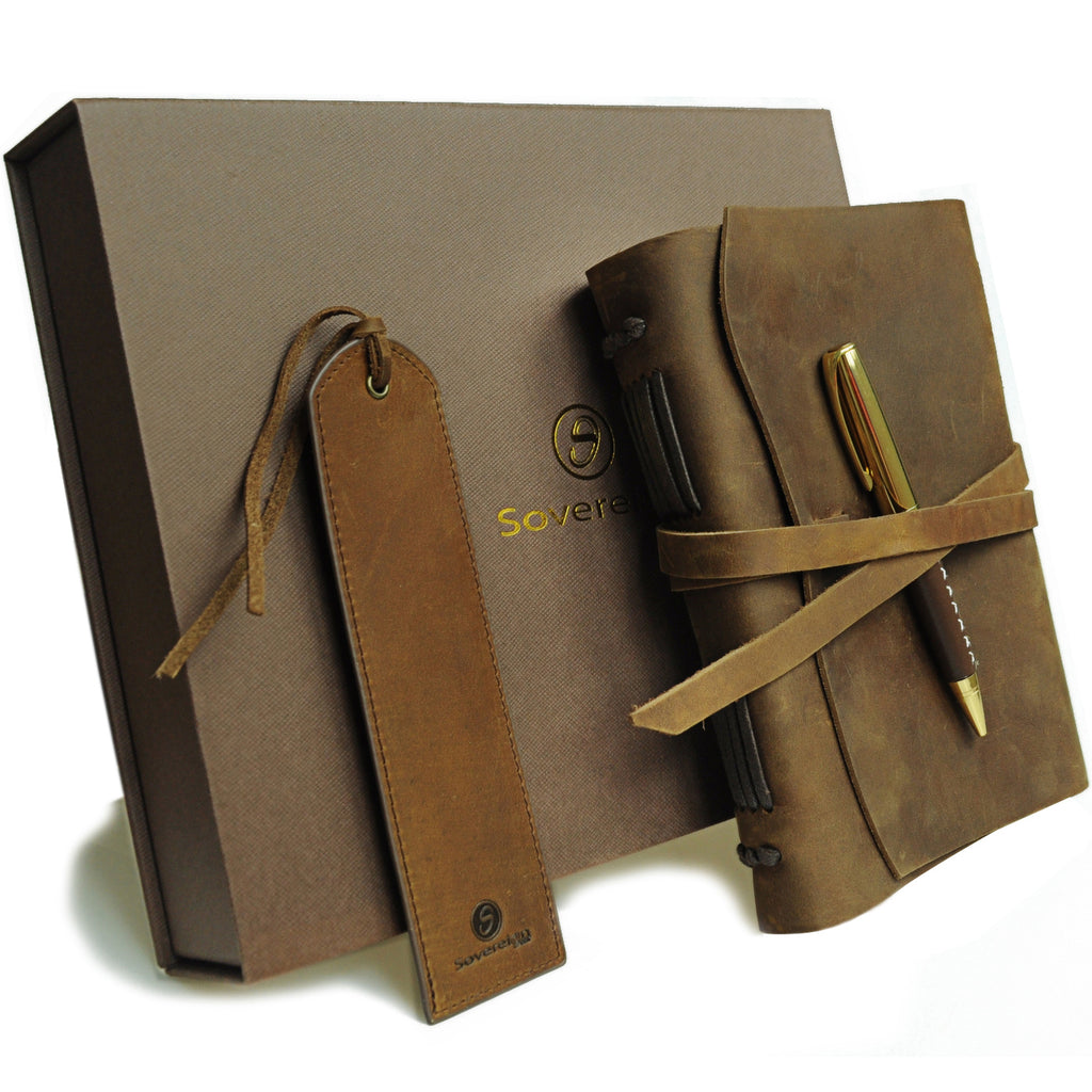 8 x 6 inch 21 x 15 cm Leather Journal and Pen and Bookmark Gift Set