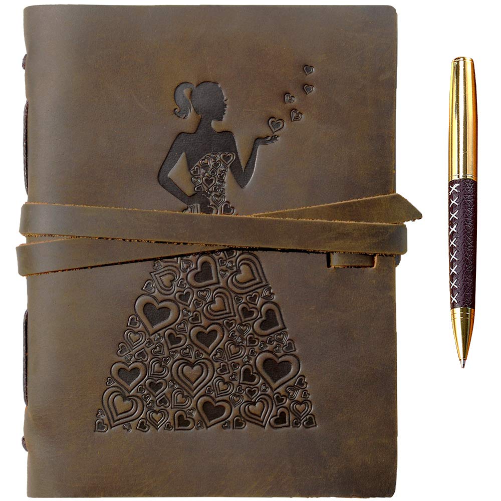 Embossed Leather Journal 8x6 (21x15) A5 Woman in Hearts Dress Design - 1