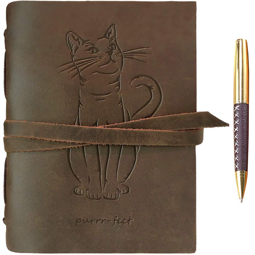 Sovereign-Gear Leather Journal - Cat Embossed Notebook with Pen - A5 6x8