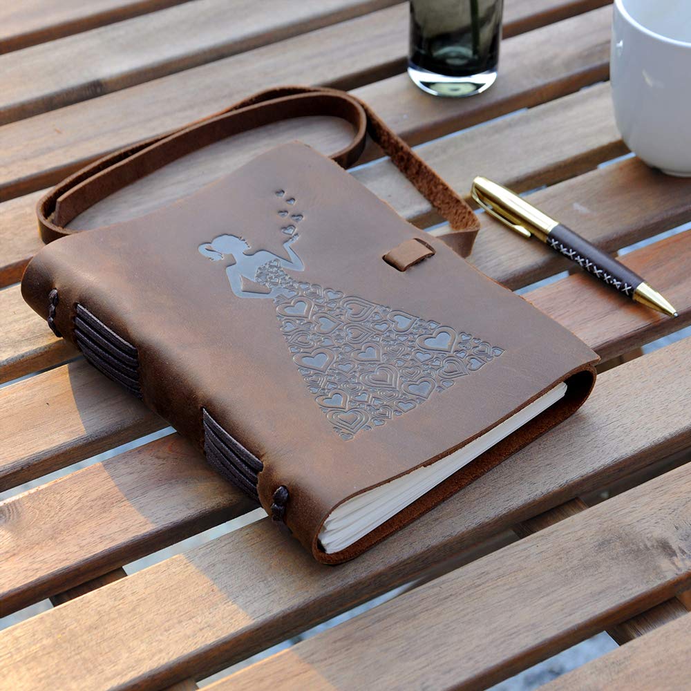 Embossed Leather Journal 8x6 (21x15) A5 Woman in Hearts Dress Design - 3
