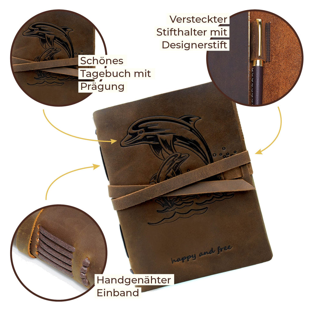 Notizbuch aus Leder Geprägt 8x6 (21x15) A5 Springende Delfine Design - 4