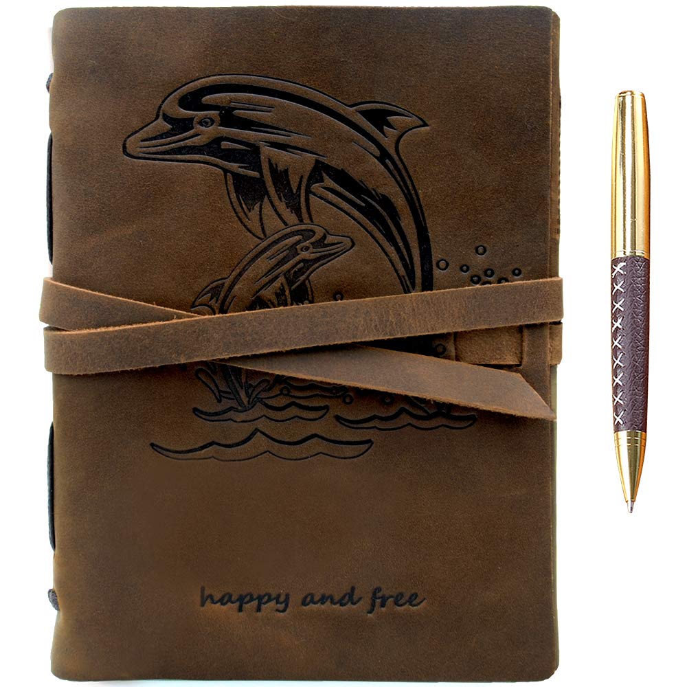 Embossed Leather Journal 8x6 (21x15) A5 Leaping Dolphins Design - 1