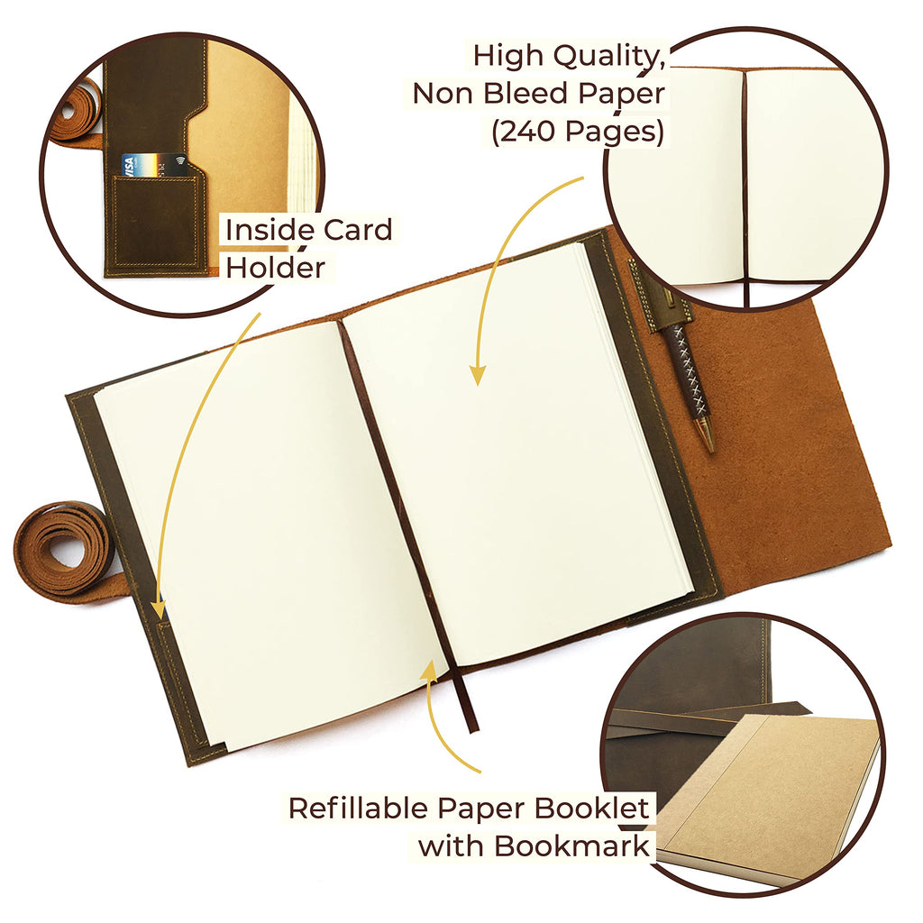 Nachfüllbares Tagebuch aus Leder 9x7 (17x23) Blanko Design - 6