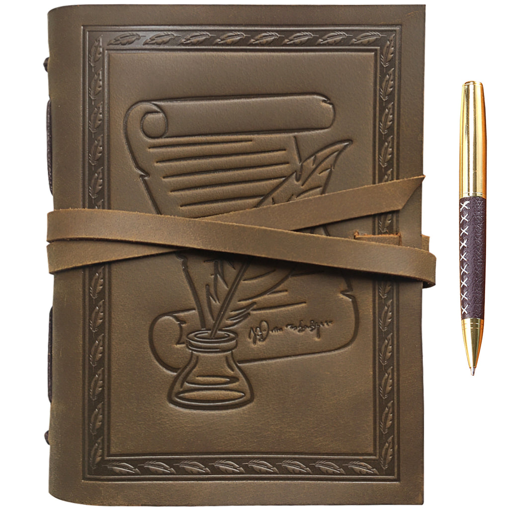 Feather and Ink Pot Leather Embossed Journal and Leather Wrapped Pen