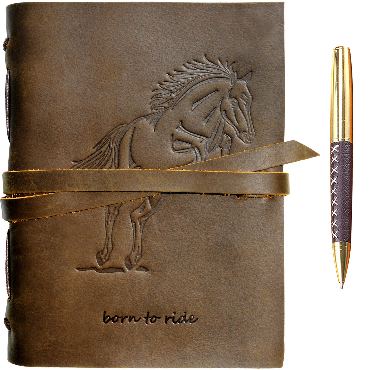 Sovereign-Gear Leather Journal - Horse Embossed Notebook with Pen - A5 6x8